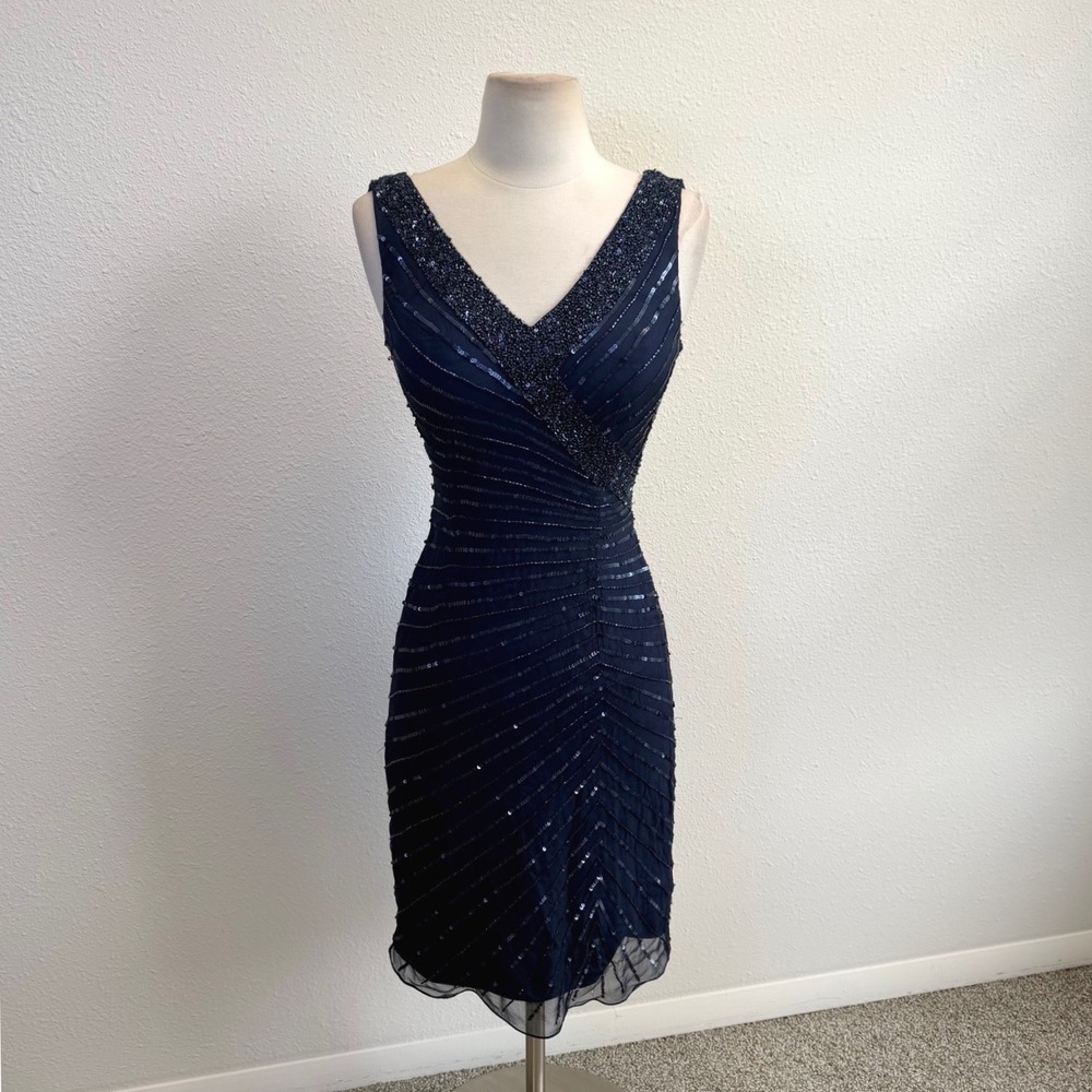 Vtg‎ Navy Blue Pure Silk Beaded V Neck Dress Womens 0 Regal Luxury Fairy Event